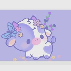 a cartoon cow with flowers on its head