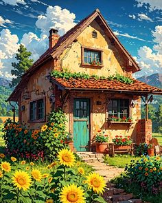 a painting of a house with sunflowers in the foreground