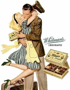 a man and woman kissing in front of an advertisement for whirling's chocolates