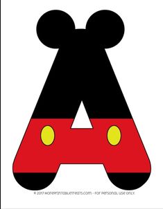 mickey mouse letter with ears and eyes in black, red, yellow and white colors