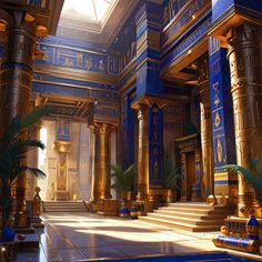 the interior of an egyptian style building with blue and gold columns, palm trees, and other decorative items