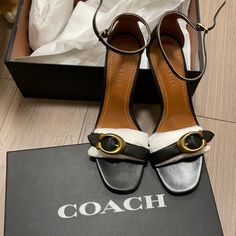 Authentic, Brand New. Coach Heels For Evening With Branded Insole, Coach Heels For Evening, Chic Coach Sandals With Branded Heel Counter, Chic Coach Pointed Toe Heels, Chic Coach Leather Heels, Chic Coach High Heel Sandals, Luxury Coach Leather Heels, Luxury Leather Coach Heels, Luxury Coach High Heels