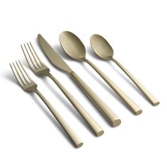 four forks, two spoons and one knife on a white background with clipping for text