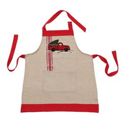 a red and white apron with a truck on it