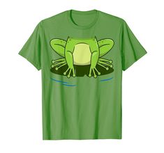 a green frog sitting on top of a body of water wearing a t - shirt