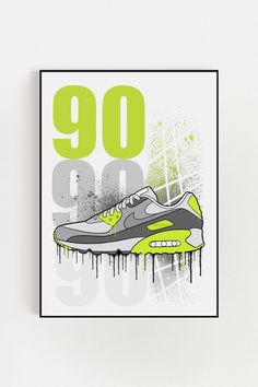 a poster with the number 909 on it and a shoe painted in yellow, grey and white