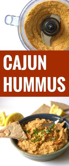 hummus in a bowl with the words cajun hummus above it and an image of