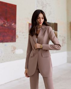 Fabric: Crepe Cotton 65%, Polyester 35% Included: blazer and pants Notched lapel Single-breasted (2 button blazer) Flap pockets Cuffed pants High-rise flared pants Fitting: Slim-Fit Jacket length: 76 cm/ 29 in Sleeve length: 62 cm/ 24.40 in Pants length (inseam): 78 cm/ 30.70 in Lining option: Fully-Lined Jacket vent: Double vent Slim Fit Jackets, Cuffed Pants, Flared Pants, Pants Length, Trendy Accessories, Blazer Buttons, Flare Pants, Single Breasted, Work Wear