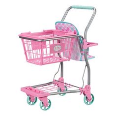 a pink and blue shopping cart on wheels