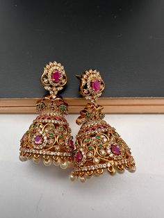 Matte Multi Stone Peacock Jhumki Earrings Jhumki Earrings, Traditional Earrings, Green Stones, Red Beads, Red Bead, Red Stone, Multi Stone, Green Stone, Ruby Red