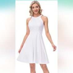 Kate Kasin Women's Sleeveless Halter Lace Cocktail Party Dresses Summer Wedding Guest Homecoming Flared Swing Dresses For Teens/Women Color: White Size: Medium A-line Sleeveless Dress For Bridesmaids, Summer A-line Sleeveless Bridesmaid Dress, Summer Bridesmaid Sleeveless Dress With Spaghetti Straps, Sleeveless Mini Dress For Bridesmaid In Spring, Sleeveless Mini Dress For Spring Bridesmaid, White Stretch Sleeveless Dress, Spring Halter Neck Bridesmaid Dress, Spring Bridesmaid Halter Neck Sleeveless Dress, Summer Wedding A-line Halter Dress