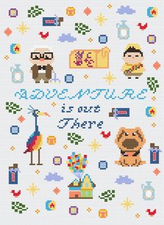 up cross stitch pattern  designed for 14 count Aida - to be around 11 x 8 inches to work for the front of a book sleeve. Cross Stitch Winnie The Pooh Pattern, Up Cross Stitch Disney, Cartoon Network Cross Stitch, Cross Stitch Doll, Up Cross Stitch, Cross Stitch Disney, Cross Stitch Ideas, Disney Cross Stitch Pattern, Book Cross Stitch