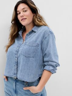 Cropped Denim Shirt | Gap Cropped Denim Shirt, Denim Long Sleeve Shirt, Long Sleeve Denim Shirt, Denim Shirts, Gap Women, Long Puff Sleeves, Cropped Denim, Western Shirts, Crop Shirt