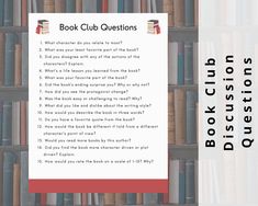 a book club question card with books in the background