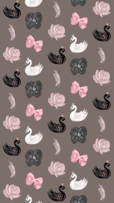 an image of swans and roses on a gray background with pink, black, and white flowers