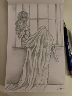 a pencil drawing of a woman sitting on a window sill