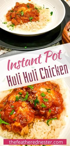 two plates with chicken, rice and sauce on them in front of the words instant pot