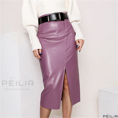 Peilia - High-Waisted Genuine Leather Skirt with a Knee-Length Cut, Side Split, Goat Skin, and Form-Fitting Silhouette Colocasia Esculenta, Long Leather Skirt, Halter Dress Short, Bodycon Pencil Skirt, Tube Top Dress, Leather Midi Skirt, Skirts Midi High Waisted, Cardigan Sweater Coat, High Waisted Pencil Skirt