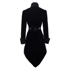 Gothic Ladies Embroidered High Collar Black Dovetail Velveteen Coat Vampire Style Winter Party Outerwear, Gothic Formal Outerwear For Fall, Formal Gothic Outerwear For Fall, Victorian Black Outerwear For Costume Party, Victorian Black Winter Outerwear, Victorian Style Long Sleeve Outerwear For Costume Party, Noble Fitted Winter Outerwear, Gothic Formal Winter Outerwear, Elegant Velvet Outerwear With Buttons