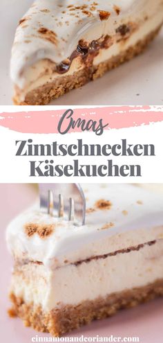 a piece of cheesecake on a plate with a fork in it and the title overlay reads, omas zimtschnecken kissecken