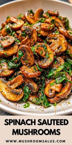 spinach sauteed mushrooms on a white plate