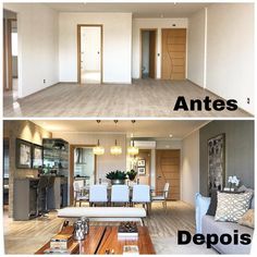 before and after pictures of a living room with wood floors, beige walls and white furniture