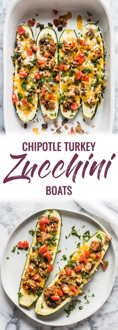 two plates filled with stuffed zucchini boats on top of a marble countertop