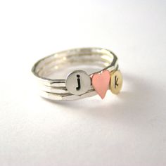 Heart Ring, Silver Stack Rings, Valentines Rings, Heart Rings, Custom Initial Ring, Personalized Rings, Set Of Three, Stack Ring Featuring a fabulous threesome that is so cute and yes all three can stack on one finger. Custom initials of your choice ... best friends initials, sweetheart initials, kids initials...its up to you. So you get to create your own trio of rings. After many customer requests these rings have been designed to stack three comfortably on one finger. This is a CUSTOM ORDER T Stacked Rings For Anniversary, Stacked Round Rings As Gift, Promise Stackable Heart Ring, Stacked Round Rings For Anniversary, Stackable Heart Ring With Round Band For Gift, Cute Handmade Sterling Silver Rings, Handmade Cute Sterling Silver Rings, Stacked Round Promise Rings, Cute Heart-shaped Ring For Anniversary