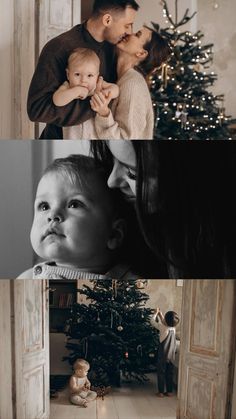 a couple kissing while holding their baby in front of a christmas tree and an open door