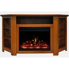 Stratford 56 in. Corner Electric Fireplace Heater TV Stand in Teak with Enhanced Log Display and Remote - Super Arbor Electric Corner Fireplace, Tv With Fireplace, Fireplace Heater Tv Stand, Log Display, Double Sided Electric Fireplace, Duraflame Electric Fireplace, Real Fireplace, Corner Electric Fireplace, Dimplex Electric Fireplace