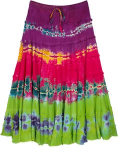 A rayon multicolored summer skirt with its harmonious balance of various bright tie-dye color tones is sure to bring glam to your look.  The skirt is in tie-dye pattern and has an elastic waist for ease of comfort. #tlb #TieredSkirt #vacationclothing #beachwrap #TieDye #TieDyeSkirt #VacationSkirt Casual Rainbow Skirt For Spring, Green Hippie Skirt For Summer, Vibrant Multicolor Spring Skirt, Multicolor Tiered Skirt For Beach, Multicolor Tiered Beach Skirt, Multicolor Tiered Skirt For Vacation, Multicolor Tiered Vacation Skirt, Colorful Vibrant Skirt For Spring, Multicolor Hippie Skirt For Vacation