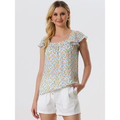 This floral top is sure to inject a floral flourish into your wardrobe. Made of a lightweight chiffon fabric for a soft fit, this top boasts a floral print throughout and a flattering and vintage-inspired square neckline. Wear it with jeans or a skirt for a chic style that will take you from day to evening. With summer floral and greenery details, this breezy flowy blouse features fluttery sleeves. Optimal for day or night, this floral-printed blouse features vintage details like a square neck a White Ditsy Floral Print Summer Top, White Ditsy Floral Print Top For Summer, Trendy Summer Top With Ditsy Floral Print, Trendy Ditsy Floral Print Tops For Spring, Trendy Summer Tops With Ditsy Floral Print, Trendy Ditsy Floral Print Tops For Summer, Feminine Multicolor Tops With Ditsy Floral Print, Casual Ditsy Floral Print Top For Summer, Feminine Multicolor Ditsy Floral Print Tops