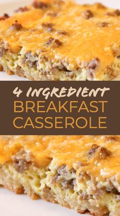 four ingredient breakfast casserole on a white plate with text overlay that reads, 4 ingredient breakfast casserole