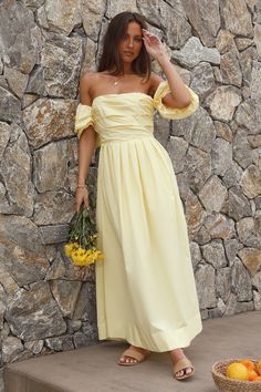 Bella Maxi Off-Shoulder Dress Yellow | Fortunate One Elegant Ruched Yellow Maxi Dress, Elegant Yellow Ruched Maxi Dress, Off-shoulder Summer Maxi Dress For Wedding Guest, Yellow A-line Maxi Dress For Wedding, Yellow Off-shoulder Maxi Dress For Party, Yellow Off-shoulder Midi Dress For Brunch, Elegant Off-shoulder Midi Dress For Garden Party, Elegant Yellow Summer Maxi Dress, Gold Midi Dress For Summer Formal Events