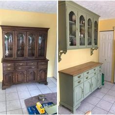 before and after pictures of a kitchen remodel with cabinets painted in light green