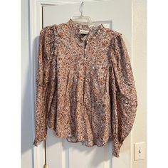 Small Floral Shirt. Super Cute On. Never Worn. Spring Floral Print Brown Shirt, Spring Brown Floral Print Shirt, Brown Floral Print Shirt For Spring, Printed Cotton Blouse For Fall, Ruffle Long Sleeve Blouse, Wrap Top Blouse, Floral Ruffle Top, Red Boho, Puff Long Sleeves