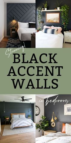 collage of bedrooms with a black accent wall Bedroom Inspirations Master Accent Walls, Room Paint Colors Bedroom, Black Headboard Bedroom, Black Walls Bedroom, Black Painted Walls, Bedroom Inspirations Master, Unique Living Room, Feature Wall Bedroom, Black Accent Walls