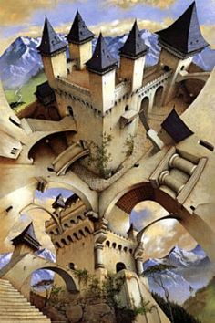 an artistic painting of a castle in the sky