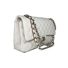 This signature Chanel designer flap bag features two leather and chain-link shoulder straps, stitched interlocking CC logo, a rear patch pocket, a front patch pocket, internal patch pockets and an internal logo stramp. The caviar leather lining and gold-tone hardware is completed with the leather lining and gold-tone hardware. Chanel is world renowned for classic and chic beauty and whilst hte majority of their designers bags take on the classic black and brown tones, they do produce more stikin Classic White Bag With Cc Turnlock Closure, Classic White Double Flap Bag, Classic Flap Bag With Cc Turnlock Closure, Designer White Flap Bag For Formal Occasions, White Double Flap Formal Bags, White Leather Double Flap Shoulder Bag, Elegant White Flap Bag For Travel, Chic White Double Flap Shoulder Bag, White Flap Bag With Detachable Strap