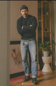 Tucked In Sweater Outfit Men, Tucked In Sweater Outfit, How To Style A Cardigan Men, Men’s Sweater And Jeans Outfit, Men’s Knit Sweater Outfit, Tucked In Sweater, Men’s Crew Neck Sweater Outfit, Man Ootd, Sweater Outfit Men