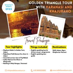 an advertisement for the golden triangle tour with varanasi and khajuah