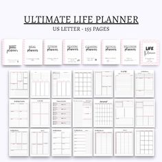 the ultimate printable planner is shown in this image, with text that reads ultimate life planner us letter - 156 pages