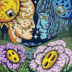 an image of two faces with flowers in the foreground and stars in the background