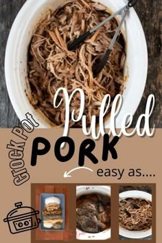 pulled pork in a white bowl on top of a wooden table with text overlay