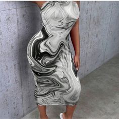 Adorable Black/White Marble Print Tube Dress. Super Cute Casual Black Strapless Midi Dress, Gray Midi Bodycon Dress For Summer, Gray Midi-length Bodycon Dress For Summer, Casual White Strapless Midi Dress, Black And White Marble, Shein Dress, Shein Dresses, Marble Print, Tube Dress