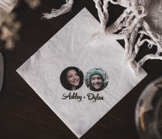 two people are shown on the napkins