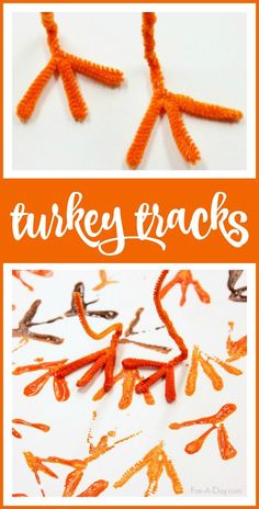 an orange and white photo with the words turkey tracks on it, and two pictures of carrots