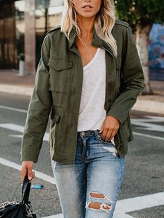 Green Jacket Outfit, Military Jacket Women, Stand Collar Jackets, Army Green Jacket, Cargo Jacket, Women's Jackets, Pocket Jacket, Favorite Sweater, Cool Jackets