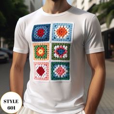 Granny Square Basic T-Shirts, Colorful Crocheted Fall Tee, Crochet Pocket Sewed Basic T-Shirts for Men, Short Sleeves Crochet Detailed Tee These basic & crochet pocket unisex t-shirts seem like an art! I always crochet with high attention to detail.  Lightweight and elegant, ideal for spring/summer season. Custom Orders are Always Welcome !! *These basic t-shirts are cotton and has crocheted patches sewed on it *If you have any questions or have a special product in your mind, please do not hesitate to message me! (About shipping, size, color, yarn, customization, any advices etc.) It is pleasure for me to help you!! SIZE Please check the size table photo at product photos to decide size.  COLOR If you want your shirt with different color and want crocheted patches with different color com