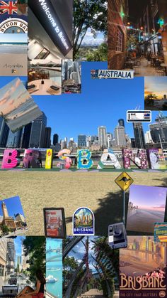 the collage has many different pictures and words all over it, including buildings in australia